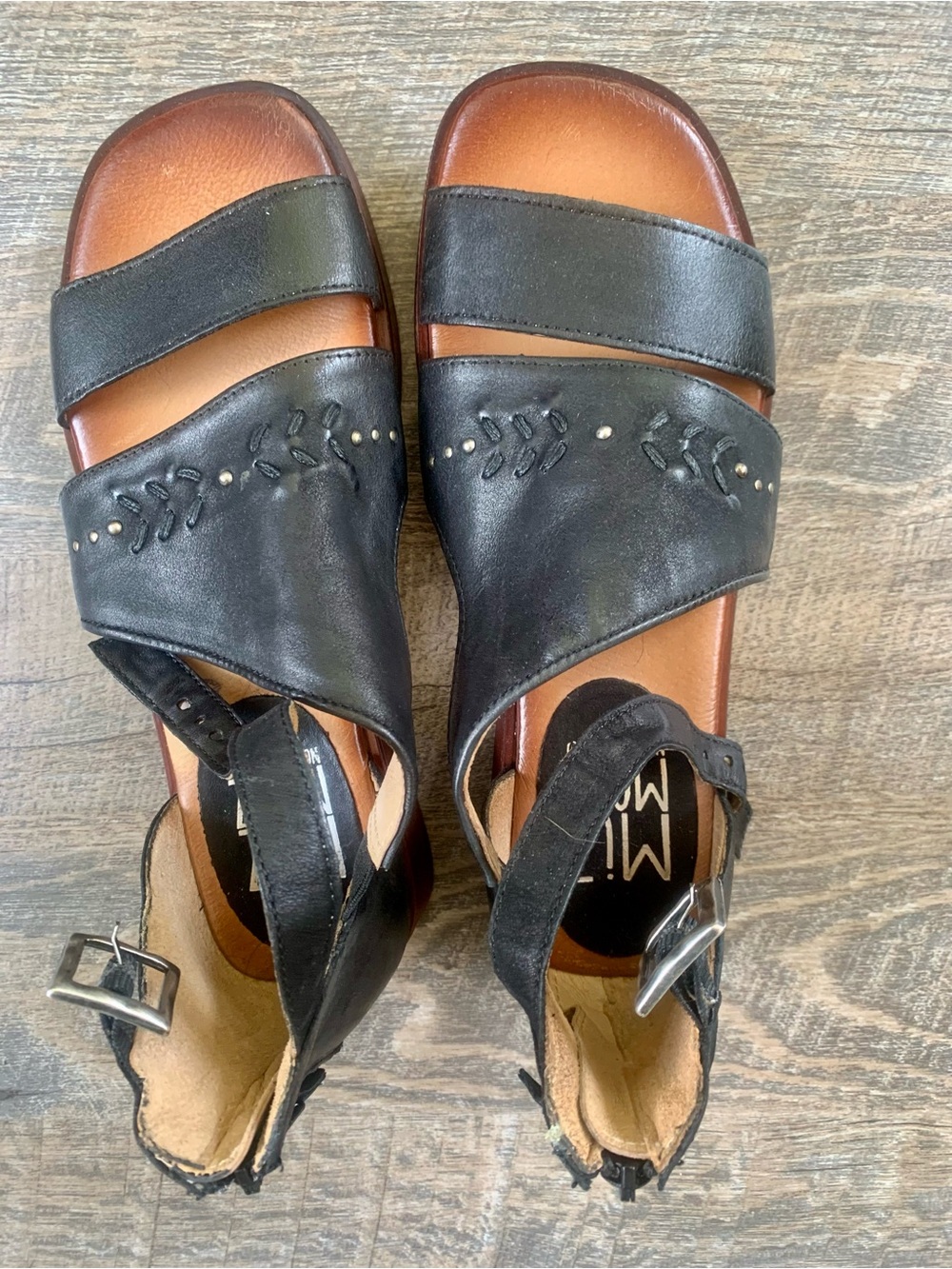 MIZ MOOZ NYC Black Leather Two-strap Comfort Sandals